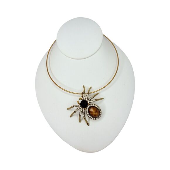 Vtg Gold Tone Spider Pendant Choker Necklace 16.5" With Rhinestones Statement - Picture 2 of 12